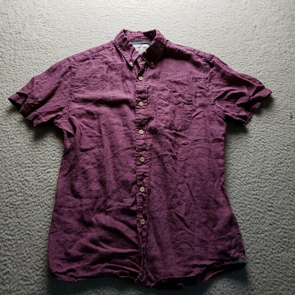 Grayers Shirt Mens Medium Purple Solid 100% Linen Short Sleeve Button-Up Casual